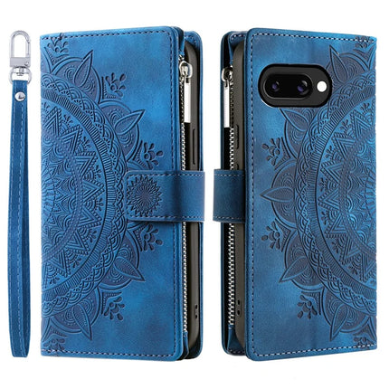 Style 006 For Google Pixel 9a Phone Case Mandala Flower Pattern PU Leather Zipper Wallet Stand Cover - Blue
