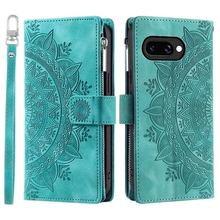 Style 006 For Google Pixel 9a Phone Case Mandala Flower Pattern PU Leather Zipper Wallet Stand Cover - Mint Green