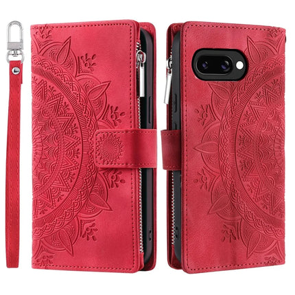 Style 006 For Google Pixel 9a Phone Case Mandala Flower Pattern PU Leather Zipper Wallet Stand Cover - Red
