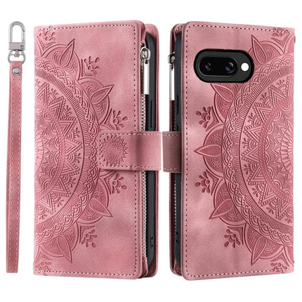 Style 006 For Google Pixel 9a Phone Case Mandala Flower Pattern PU Leather Zipper Wallet Stand Cover - Rose Gold