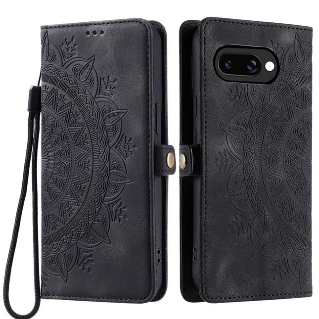 Style 016 For Google Pixel 9a Case Skin Feel Totem Imprinted Wallet Leather Phone Cover - Black