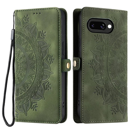 Style 016 For Google Pixel 9a Case Skin Feel Totem Imprinted Wallet Leather Phone Cover - Blackish Green