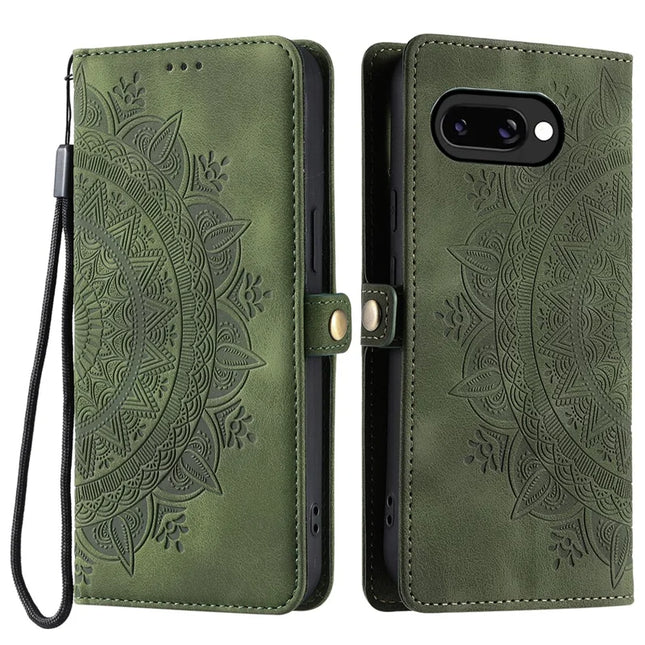 Style 016 For Google Pixel 9a Case Skin Feel Totem Imprinted Wallet Leather Phone Cover - Blackish Green