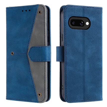 For Google Pixel 9a Leather Case Splicing Stitching Wallet Stand Phone Cover with Strap - Blue