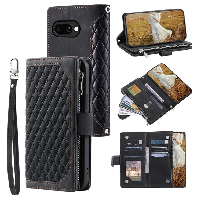 Style 005 For Google Pixel 9a Wallet Case Rhombus Stitching Line PU Leather Phone Cover - Black