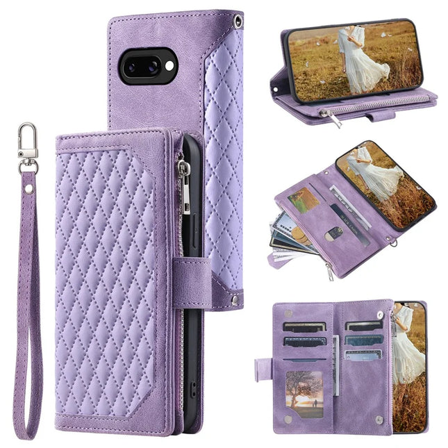 Style 005 For Google Pixel 9a Wallet Case Rhombus Stitching Line PU Leather Phone Cover - Purple