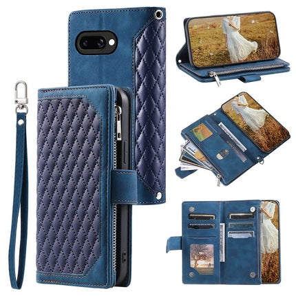 Style 005 For Google Pixel 9a Wallet Case Rhombus Stitching Line PU Leather Phone Cover - Blue