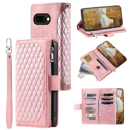 Style 005 For Google Pixel 9a Wallet Case Rhombus Stitching Line PU Leather Phone Cover - Rose Gold