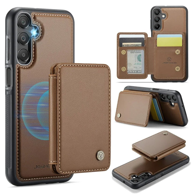 JEEHOOD J05 For Samsung Galaxy A16 5G Case Leather Mobile Cover with Detachable Magnetic Card Bag - Brwon