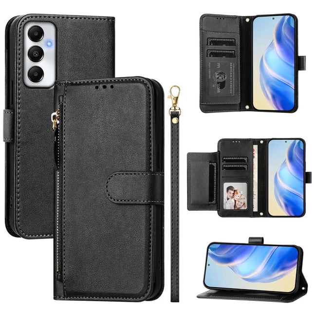 For Samsung Galaxy A05s 4G Case Zipper Pocket Multiple Card Slots Leather Phone Cover - Black