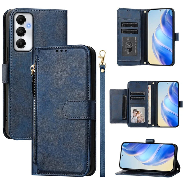 For Samsung Galaxy A05s 4G Case Zipper Pocket Multiple Card Slots Leather Phone Cover - Blue