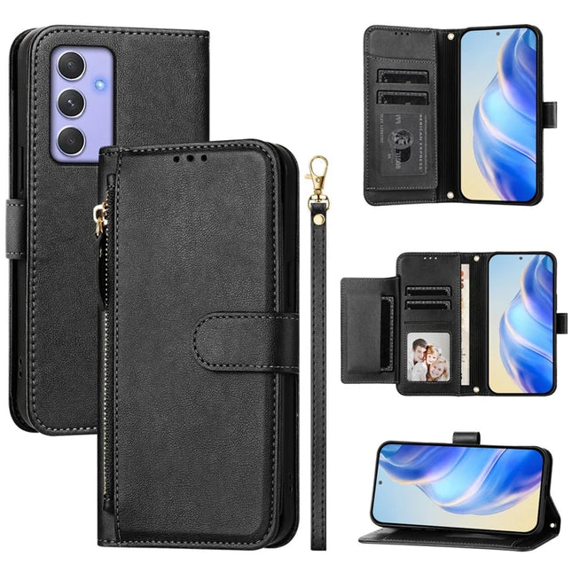 For Samsung Galaxy A54 5G Case Zipper Pocket Multiple Card Slots Leather Phone Cover - Black