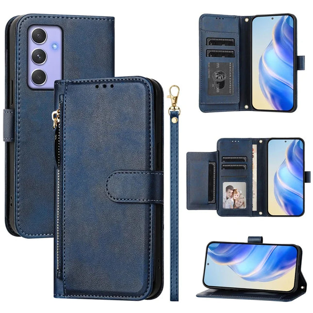 For Samsung Galaxy A54 5G Case Zipper Pocket Multiple Card Slots Leather Phone Cover - Blue