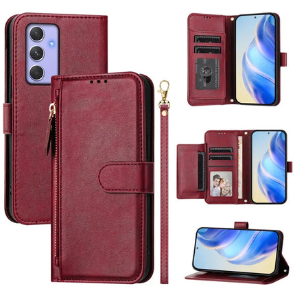 For Samsung Galaxy A54 5G Case Zipper Pocket Multiple Card Slots Leather Phone Cover - Red