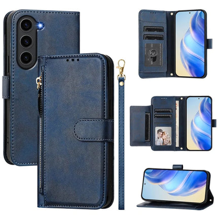 For Samsung Galaxy S23 FE Case Zipper Pocket Multiple Card Slots Leather Phone Cover - Blue