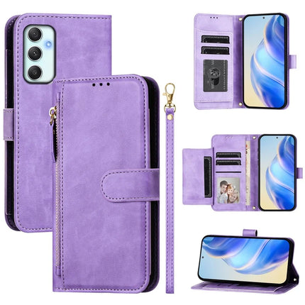 For Samsung Galaxy A34 5G Case Zipper Pocket Multiple Card Slots Leather Phone Cover - Purple