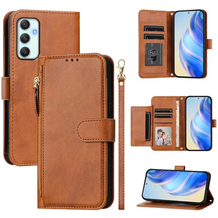 For Samsung Galaxy A34 5G Case Zipper Pocket Multiple Card Slots Leather Phone Cover - Brown