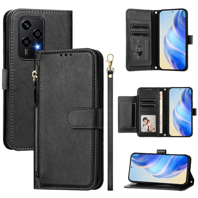For Honor 200 Lite Case Zipper Pocket Multiple Card Slots Leather Phone Cover - Black