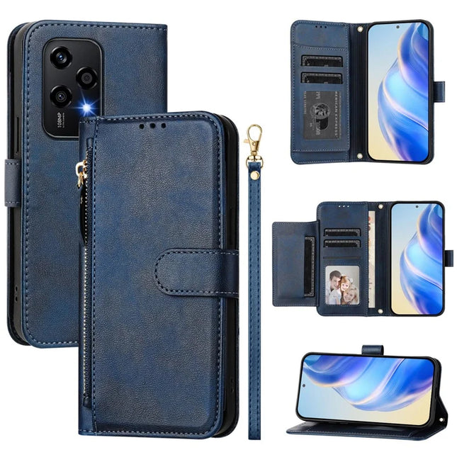 For Honor 200 Lite Case Zipper Pocket Multiple Card Slots Leather Phone Cover - Blue