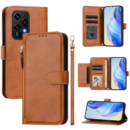 For Honor 200 Lite Case Zipper Pocket Multiple Card Slots Leather Phone Cover - Brown