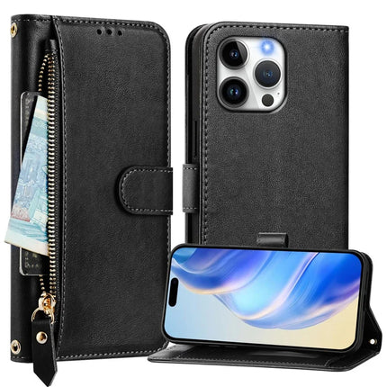 For iPhone 16 Pro Max Case Zipper Pocket Multiple Card Slots Leather Phone Cover