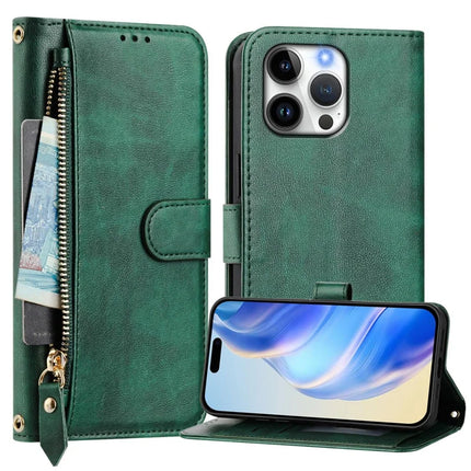 For iPhone 16 Pro Max Case Zipper Pocket Multiple Card Slots Leather Phone Cover