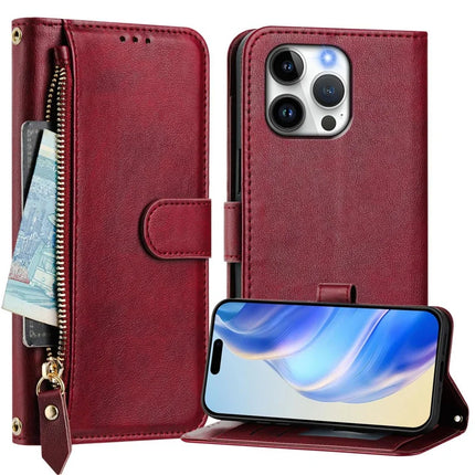 For iPhone 16 Pro Max Case Zipper Pocket Multiple Card Slots Leather Phone Cover
