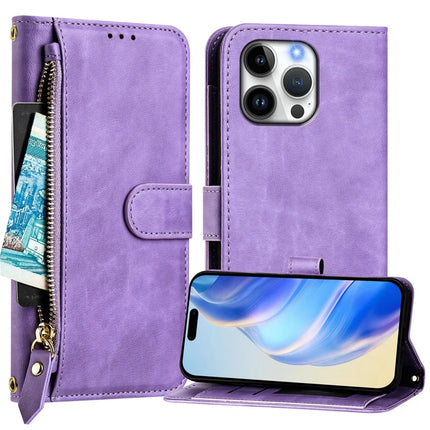 For iPhone 16 Pro Max Case Zipper Pocket Multiple Card Slots Leather Phone Cover