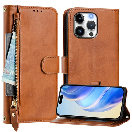 For iPhone 16 Pro Max Case Zipper Pocket Multiple Card Slots Leather Phone Cover