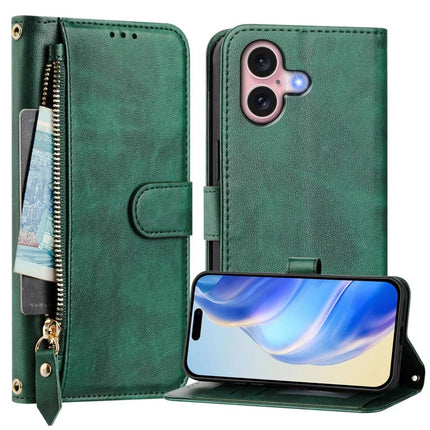 For iPhone 16 Plus Case Zipper Pocket Multiple Card Slots Leather Phone Cover
