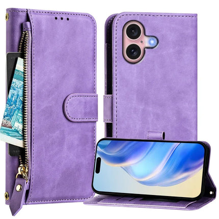 For iPhone 16 Plus Case Zipper Pocket Multiple Card Slots Leather Phone Cover