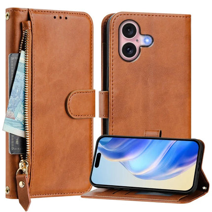 For iPhone 16 Plus Case Zipper Pocket Multiple Card Slots Leather Phone Cover