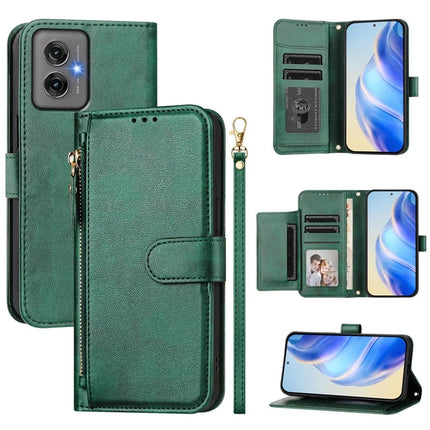 For Motorola Moto G55 5G Case Zipper Pocket Multiple Card Slots Leather Phone Cover - Green