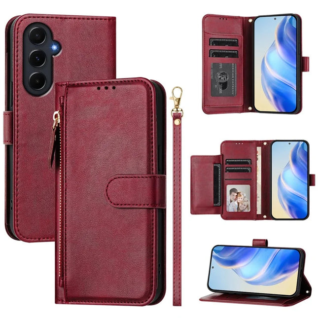 For Samsung Galaxy A55 5G Case Zipper Pocket Multiple Card Slots Leather Phone Cover - Red