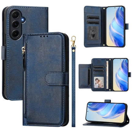 For Samsung Galaxy A55 5G Case Zipper Pocket Multiple Card Slots Leather Phone Cover - Blue