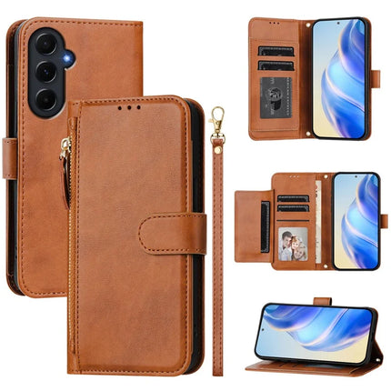For Samsung Galaxy A55 5G Case Zipper Pocket Multiple Card Slots Leather Phone Cover - Brown