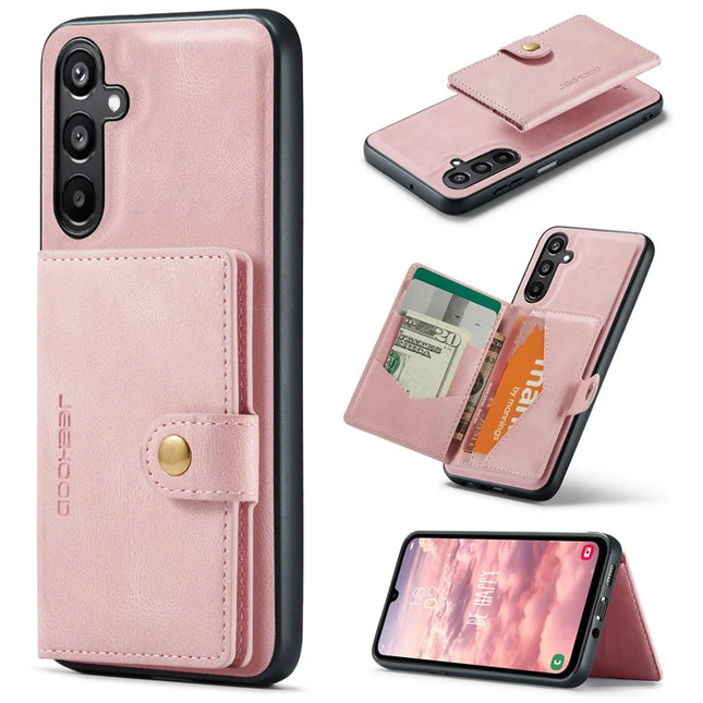 For Samsung Galaxy A16 5G Case JEEHOOD J01 Retro Leather Phone Back Cover with Detachable Magnetic Card Holder - Pink