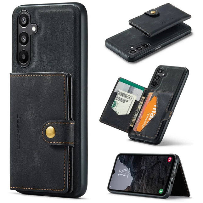 For Samsung Galaxy A16 5G Case JEEHOOD J01 Retro Leather Phone Back Cover with Detachable Magnetic Card Holder - Black