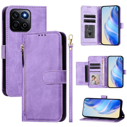 For Honor 200 Smart 5G / Honor X7c 4G Case Zipper Pocket Multiple Card Slots Leather Phone Cover - Purple