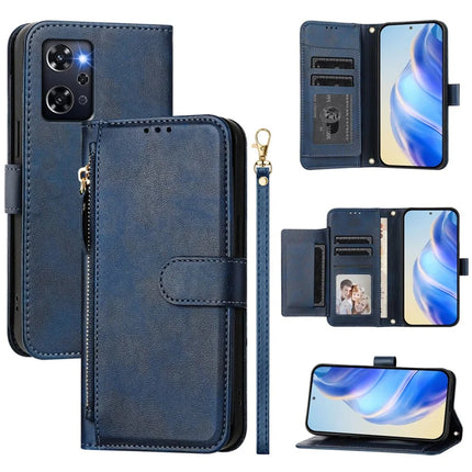 For Oppo Reno 9A Case Zipper Pocket Multiple Card Slots Leather Phone Cover - Blue