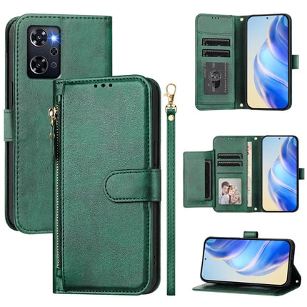 For Oppo Reno 9A Case Zipper Pocket Multiple Card Slots Leather Phone Cover - Green
