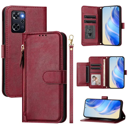 For Oppo Reno 9A Case Zipper Pocket Multiple Card Slots Leather Phone Cover - Red