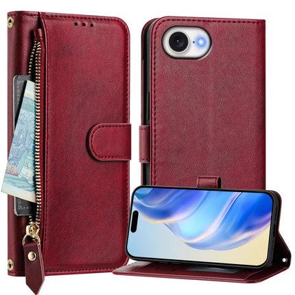 For iPhone 16e Case Zipper Pocket Multiple Card Slots Leather Phone Cover