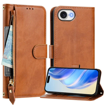For iPhone 16e Case Zipper Pocket Multiple Card Slots Leather Phone Cover