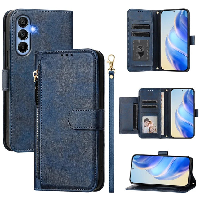 For Samsung Galaxy A15 4G / Galaxy A15 5G Case Zipper Pocket Multiple Card Slots Leather Phone Cover - Blue