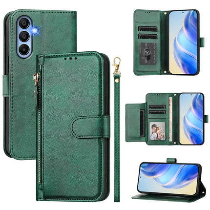 For Samsung Galaxy A15 4G / Galaxy A15 5G Case Zipper Pocket Multiple Card Slots Leather Phone Cover - Green
