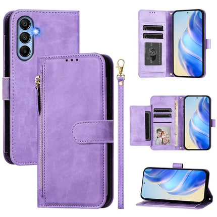 For Samsung Galaxy A15 4G / Galaxy A15 5G Case Zipper Pocket Multiple Card Slots Leather Phone Cover - Purple
