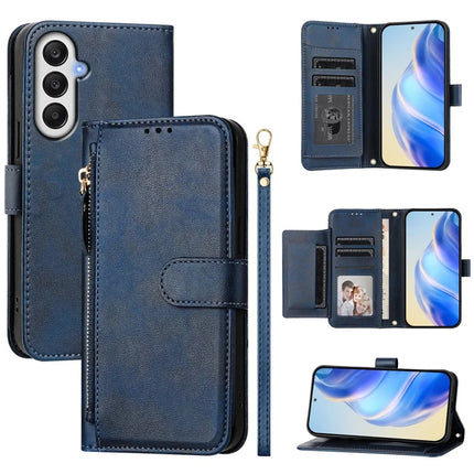For Samsung Galaxy A25 5G (Global) (161.0 x 76.5 x 8.3mm) Case Zipper Pocket Multiple Card Slots Leather Phone Cover - Blue