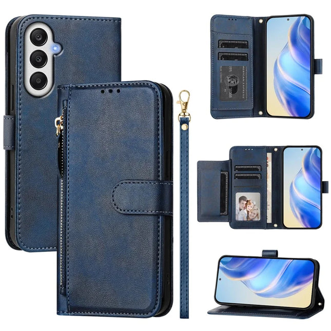 For Samsung Galaxy A25 5G (Global) (161.0 x 76.5 x 8.3mm) Case Zipper Pocket Multiple Card Slots Leather Phone Cover - Blue