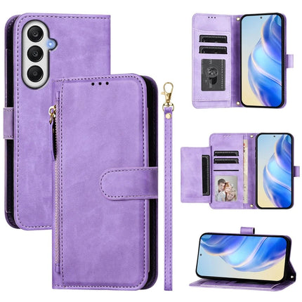 For Samsung Galaxy A25 5G (Global) (161.0 x 76.5 x 8.3mm) Case Zipper Pocket Multiple Card Slots Leather Phone Cover - Purple